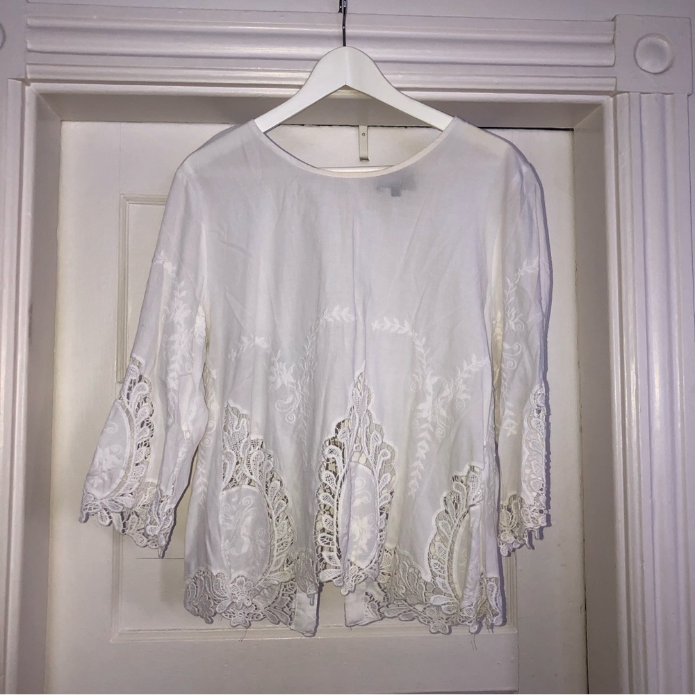 🌸Cynthia Riley | White Eyelet Lace Bottom Details with Button Back Close Blouse